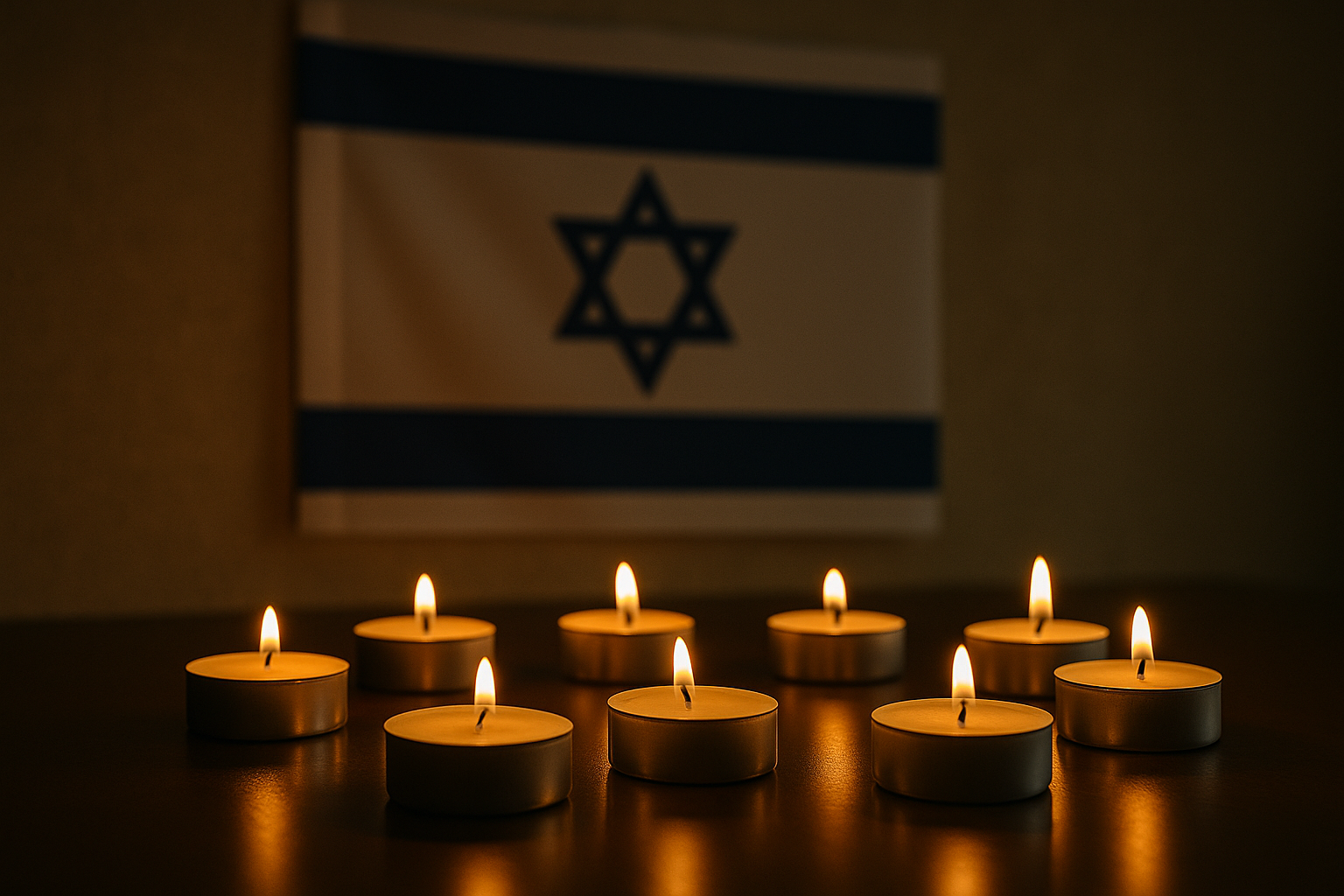 velas acesas e bandeira de Israel ao fundo