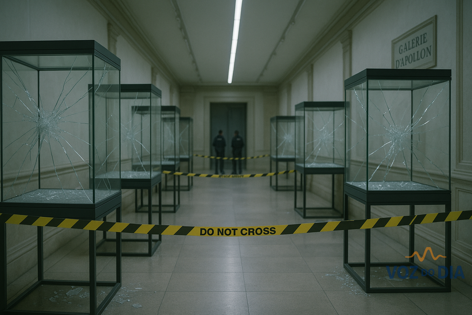 Assalto no Louvre com vitrinas vazias de joias históricas