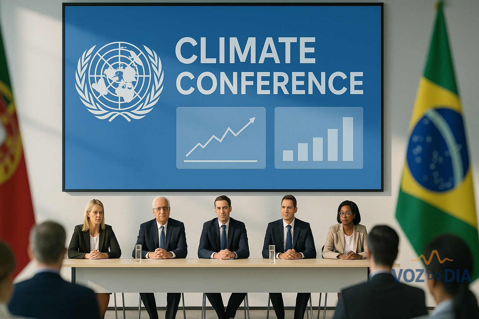 Conferência internacional sobre o clima com bandeiras de Portugal e Brasil