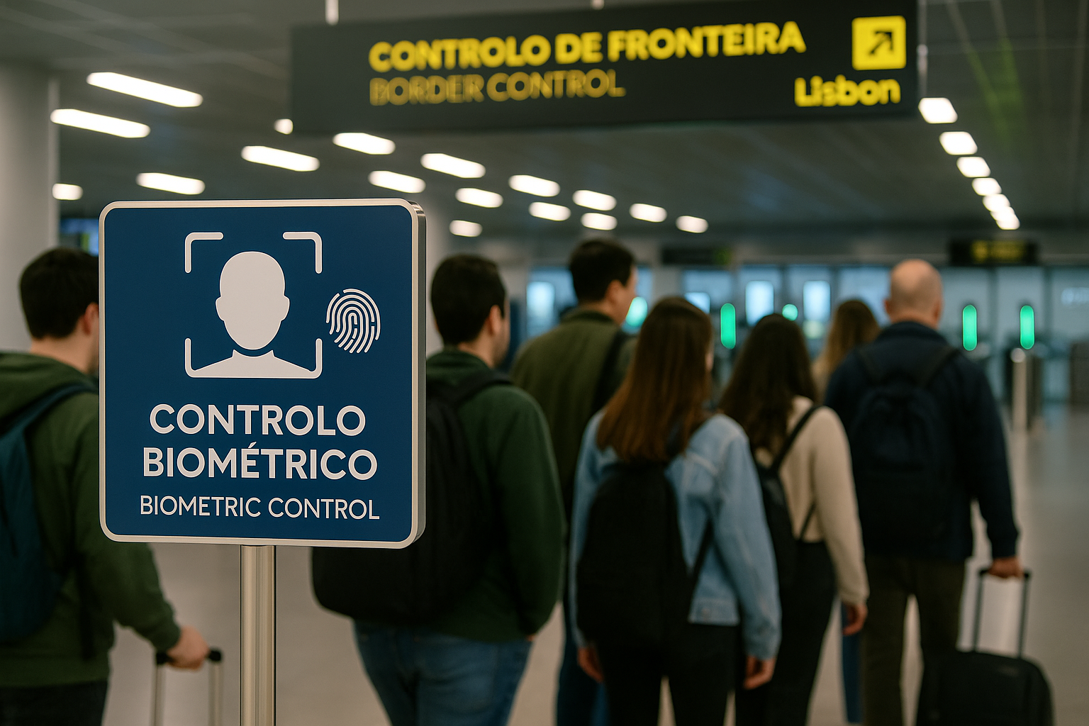 Passageiros em fila aguardam controlo biométrico no aeroporto de Lisboa.