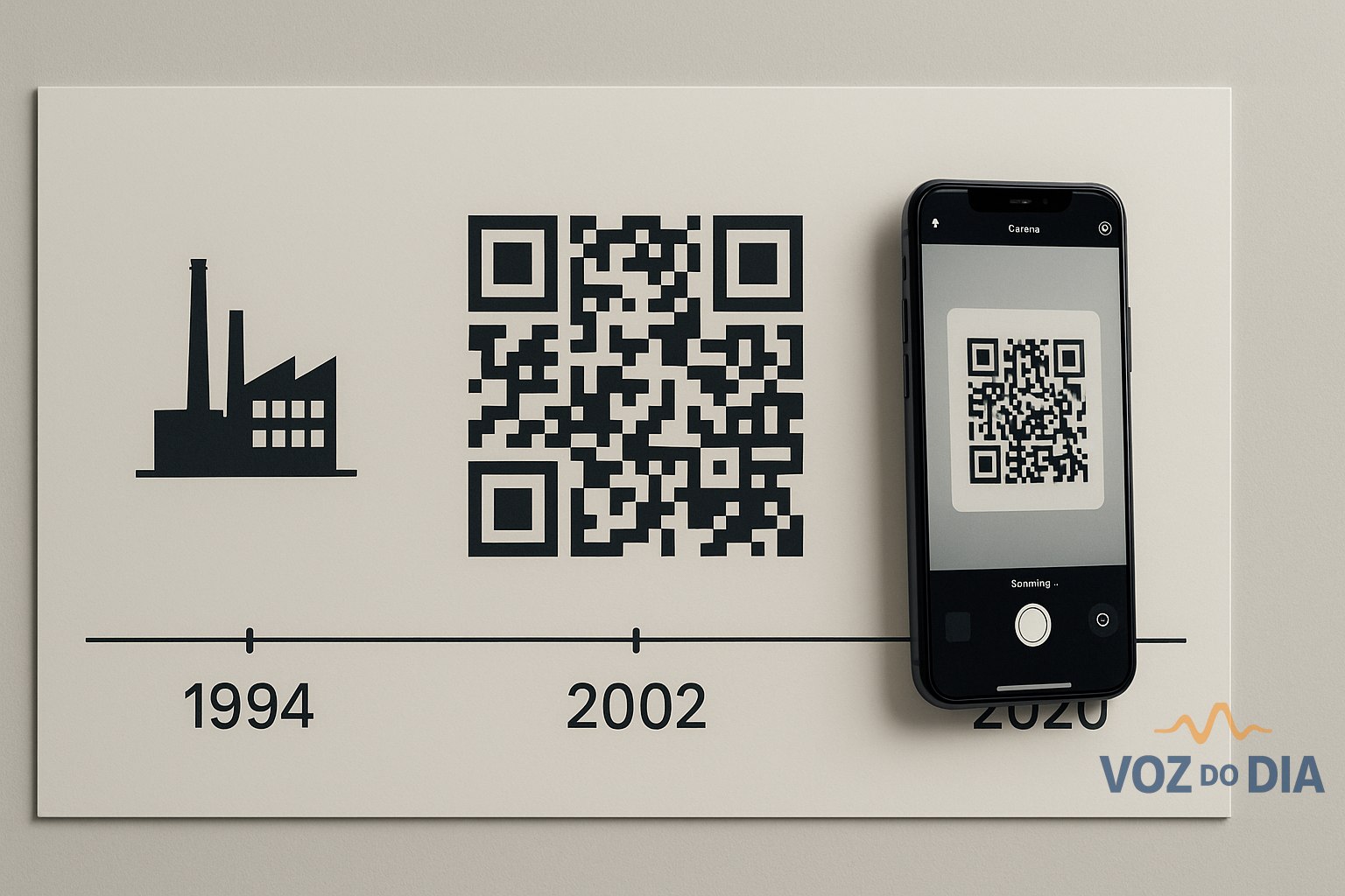 QR code — história e guia 2025 com linha temporal e smartphone