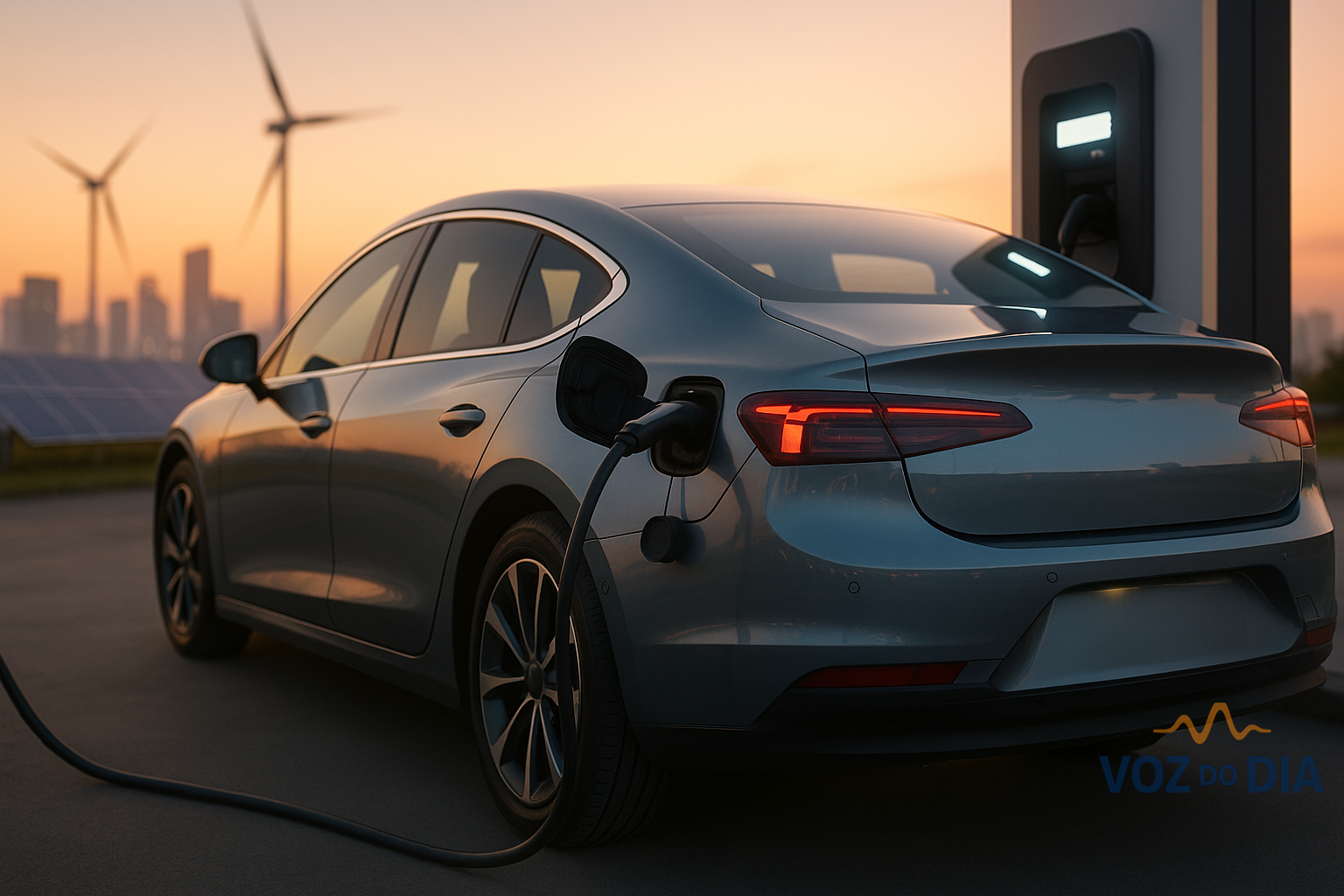 Carro elétrico moderno a carregar ao entardecer, simbolizando o recorde mundial de vendas em 2025