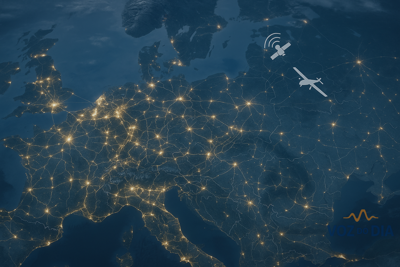 Roteiro europeu de defesa 2030 com rede industrial e ícones de defesa