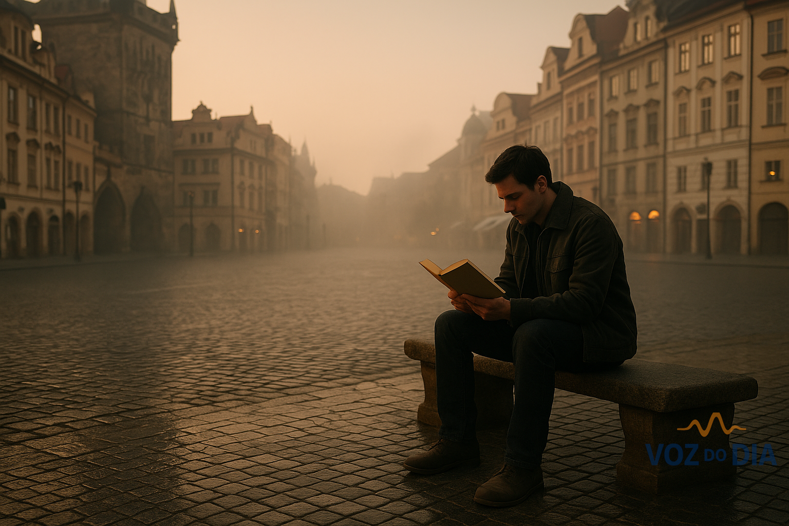 Leitor sentado num banco em Praga com livro nas mãos ao amanhecer