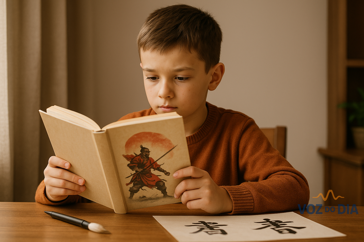 criança portuguesa a ler um livro inspirado em Sun Tzu numa secretária moderna
