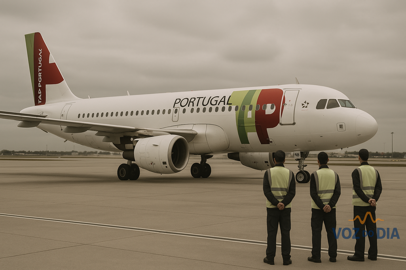 avião da TAP com tripulantes ao longe após decisão de indemnização