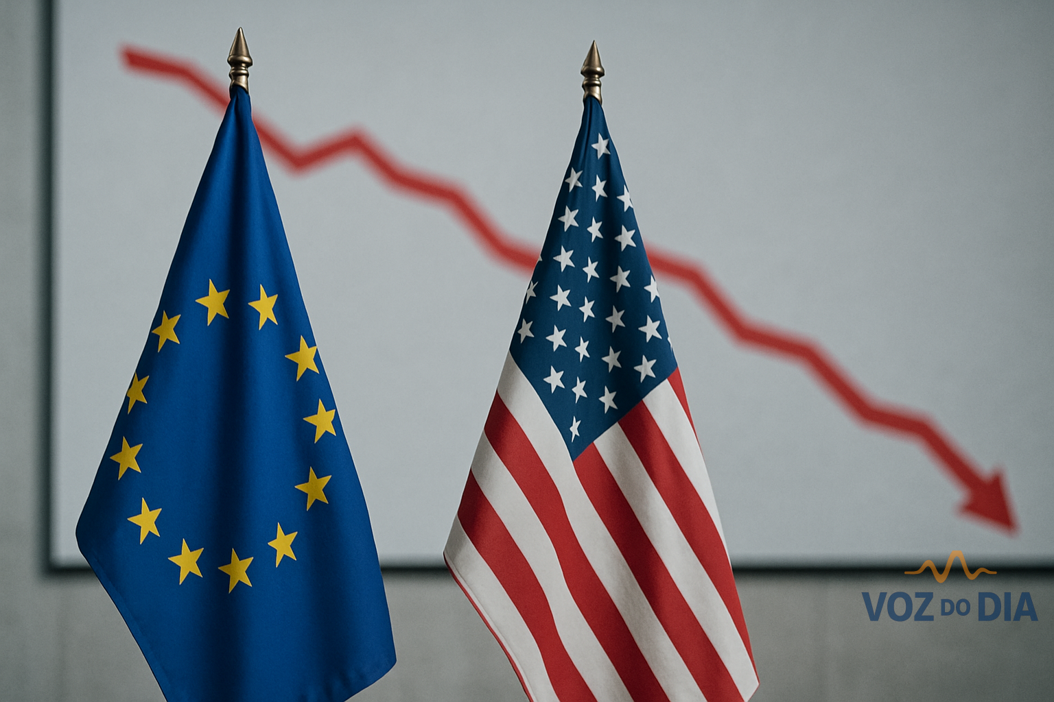 bandeiras da UE e EUA com gráfico descendente sobre tarifas