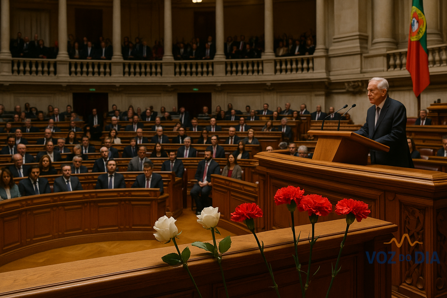 Sessão solene dos 50 anos do 25 de Novembro no Parlamento português, com cravos vermelhos e rosas brancas no púlpito.