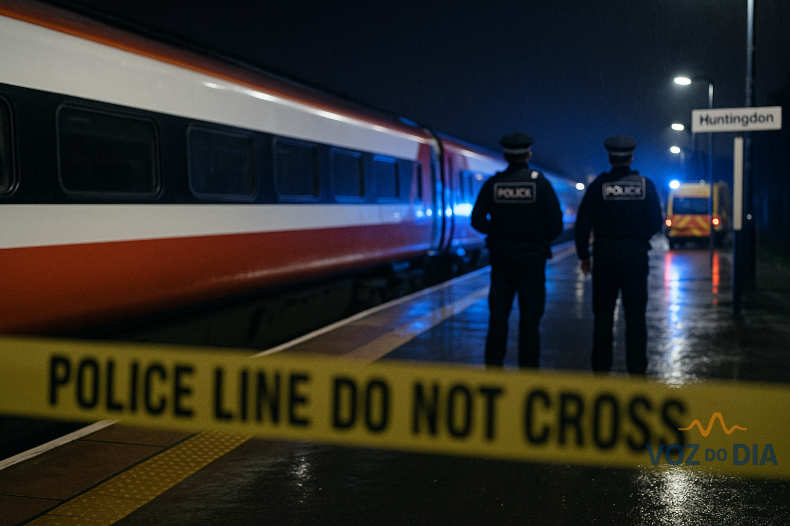 Ataque em comboio no Reino Unido em Huntingdon com polícia no loca