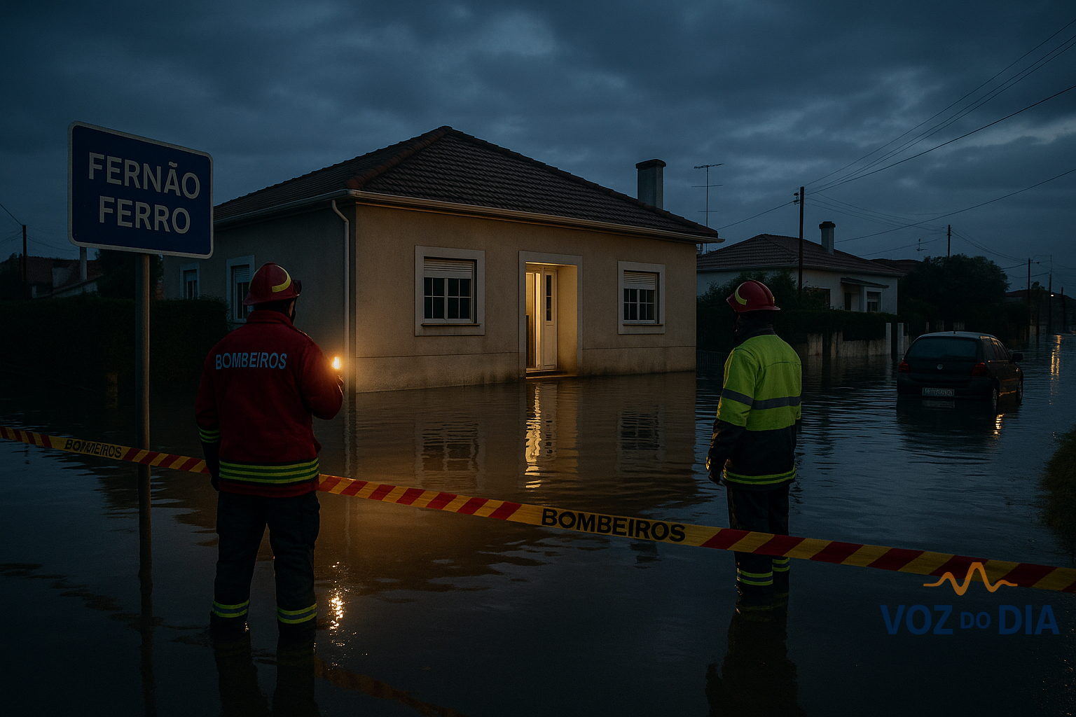 Depressão Cláudia em Fernão Ferro com moradia inundada e bombeiros