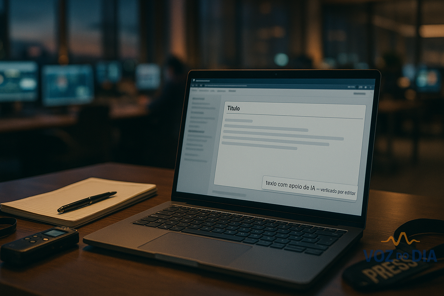 Jornalista numa redação a rever um artigo no portátil com a nota “texto com apoio de IA”, ao lado de caderno e gravador, sublinhando transparência e verificação humana.