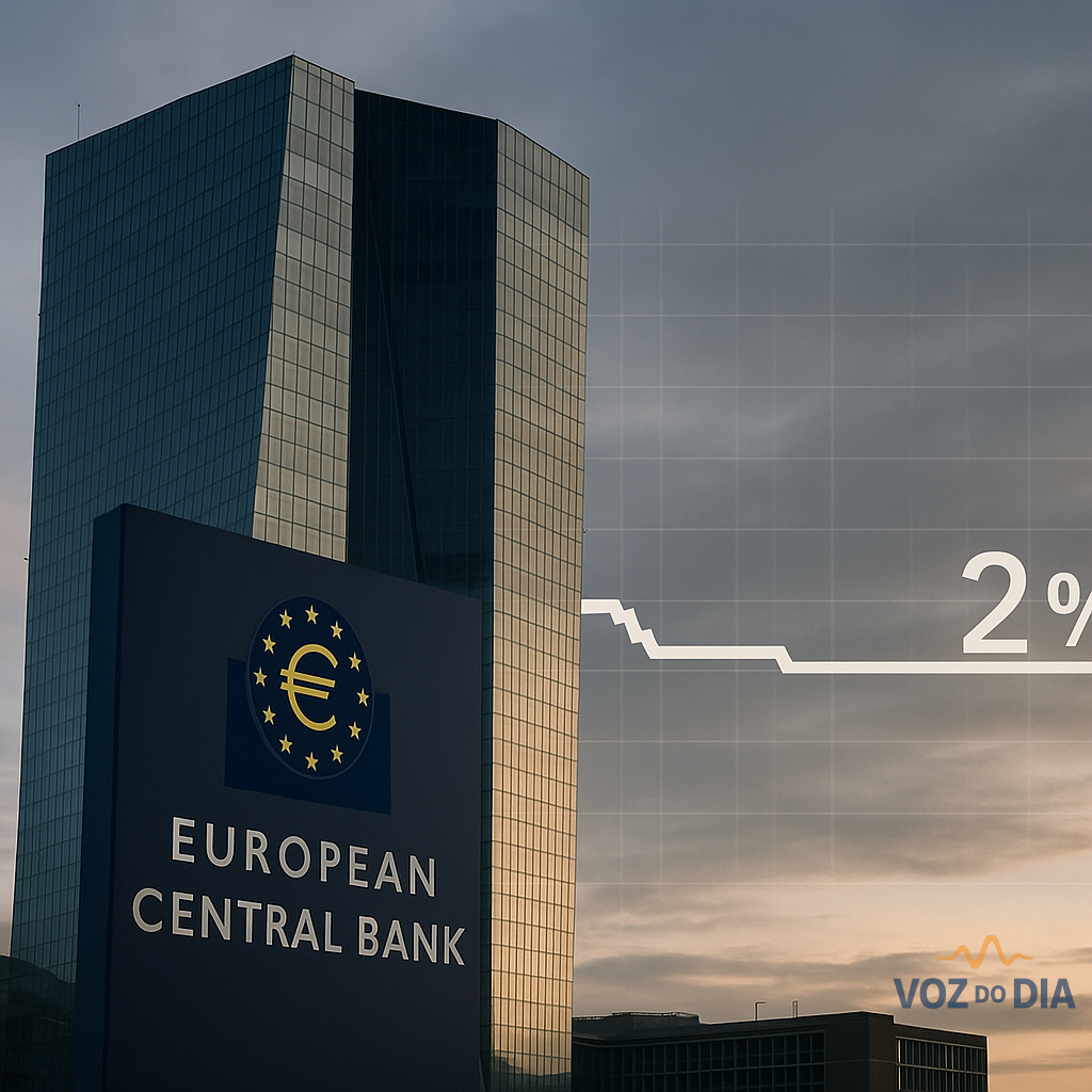 Juros do BCE em 2% até final de 2026 com edifício do Banco Central Europeu