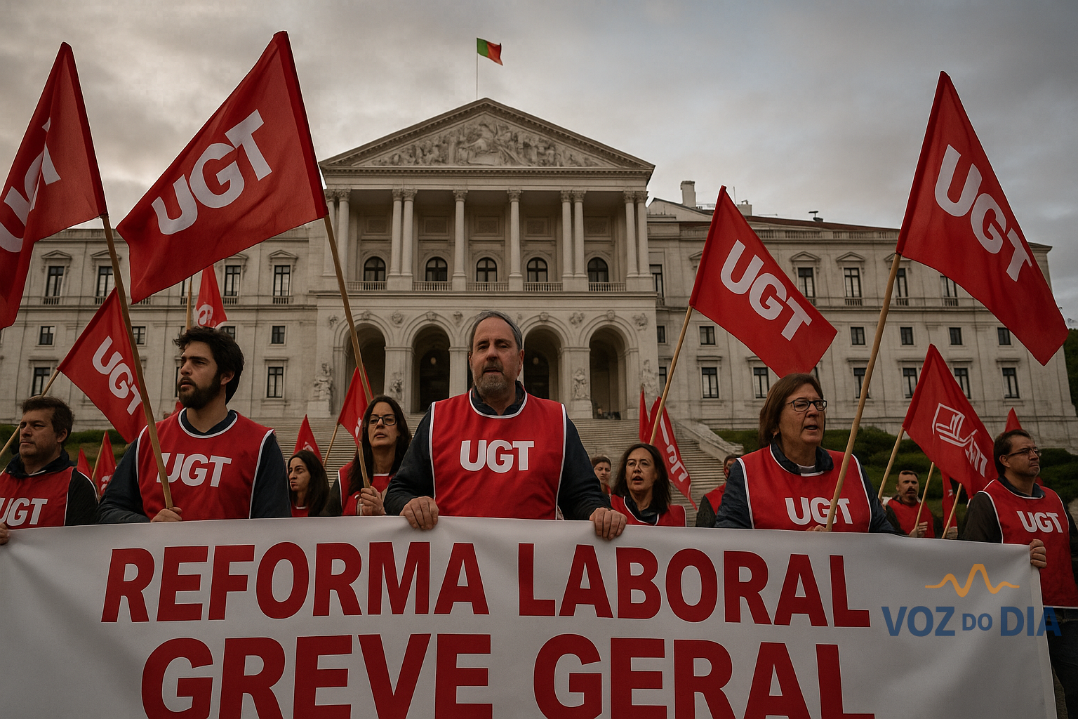 Membros da UGT em protesto frente ao Parlamento durante debate da reforma laboral