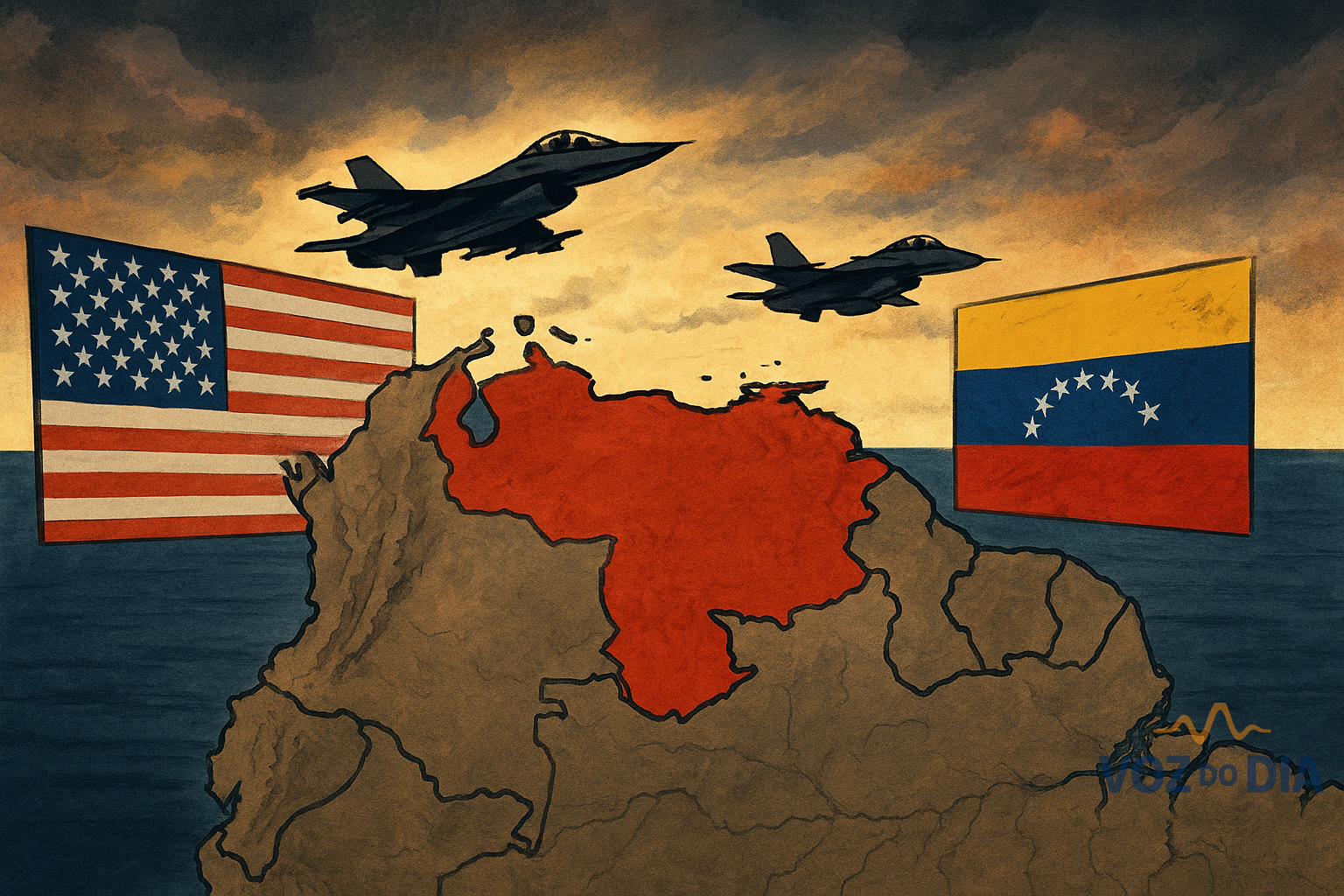 Crise EUA–Venezuela com mapa da Venezuela e aviões sobre o espaço aéreo