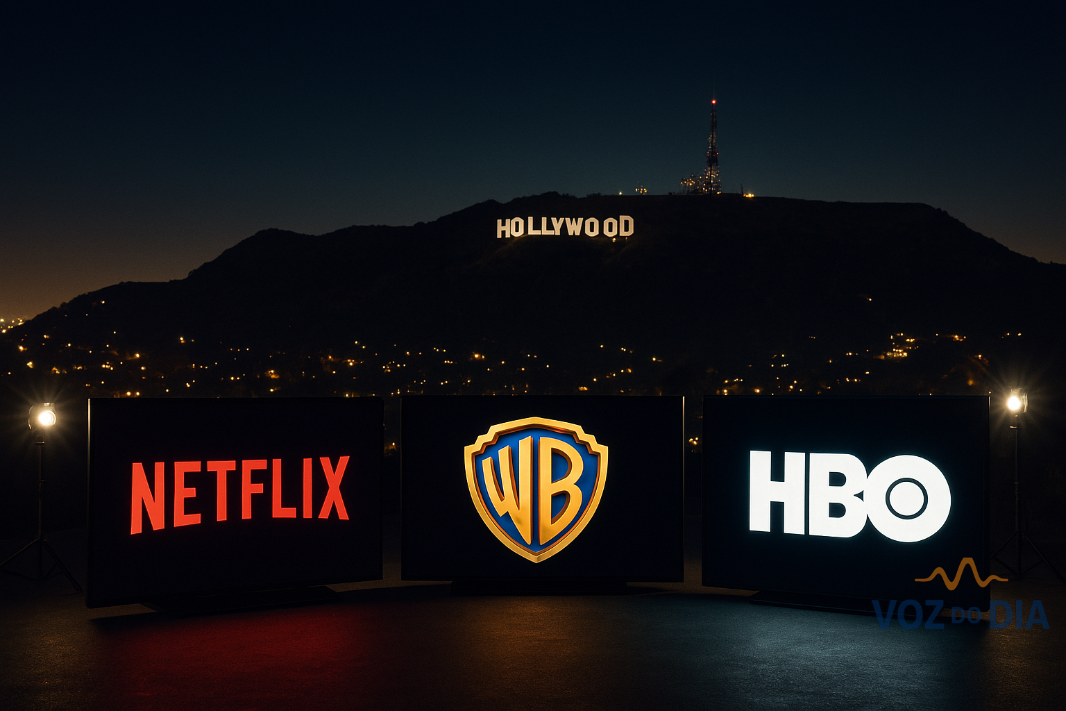 Logótipos da Netflix, Warner Bros e HBO sobre o horizonte noturno de Hollywood