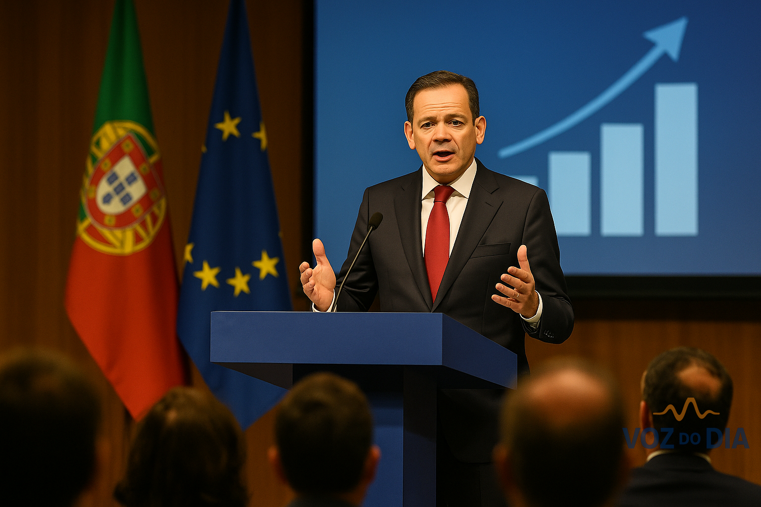 Luís Montenegro a discursar sobre salário mínimo 1600€ e salário médio 3000€ num auditório com gráficos de crescimento económico